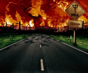 road leading to fiery place with road sign reading Hell 1000m