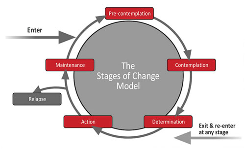 The Stages of Change Model - graphic depicting pre-contemplation, contemplation, determination, action, maintenance as it relates to addiction
