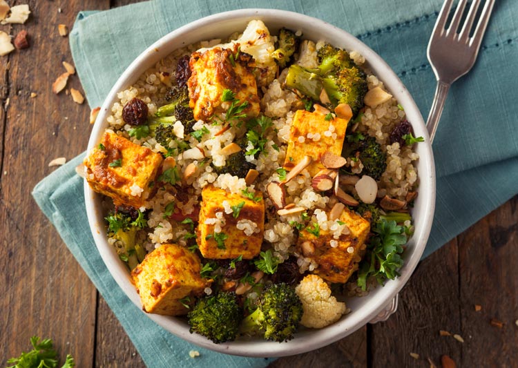 bowl of tofu, rice, grains, and veggies - diet