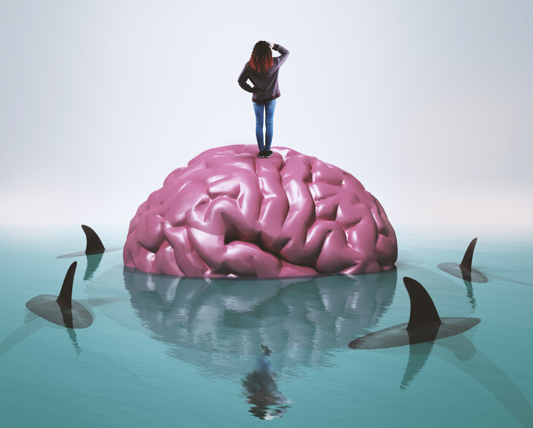 illustration - woman standing on brain in water surrounded by sharks - tolerance