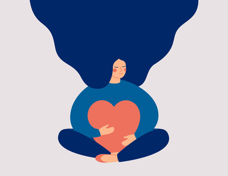 illustration of woman with long flowing blue hair, holding a heart - help yourself